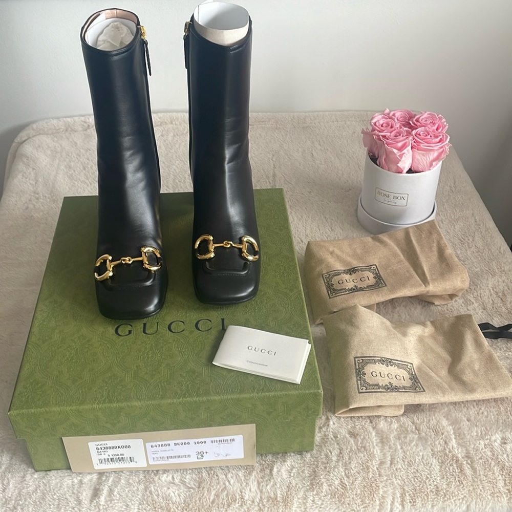 NWT Gucci Horsebit 55mm Nappa Charlotte Boot Black Leather with Block Heel